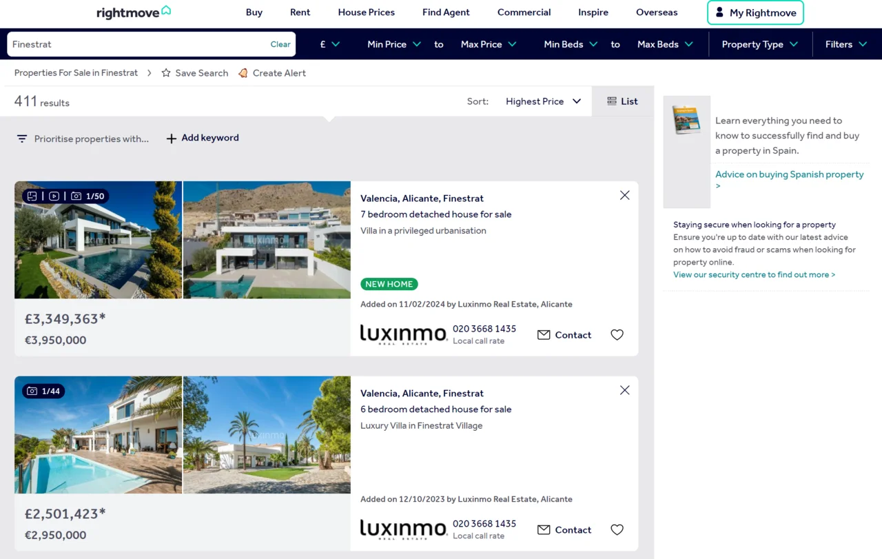 Captura de pantalla de listados internacionales de Rightmove